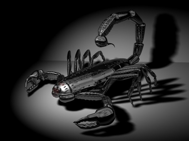 Железный скорпион на чёрном фоне
