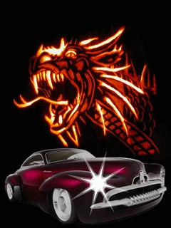 Автомобиль и лицо дракона на чёрном фоне