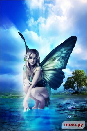 Женщина-бабочка с красивыми крылышками  сидит у воды