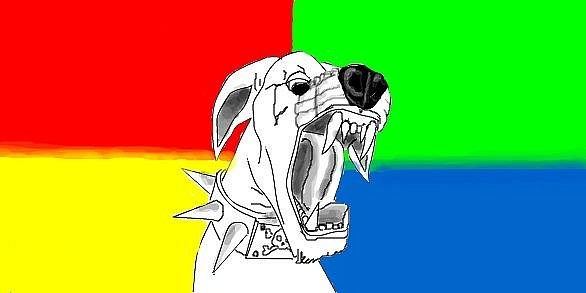 Злая собака с открытой пастью на цветном фоне